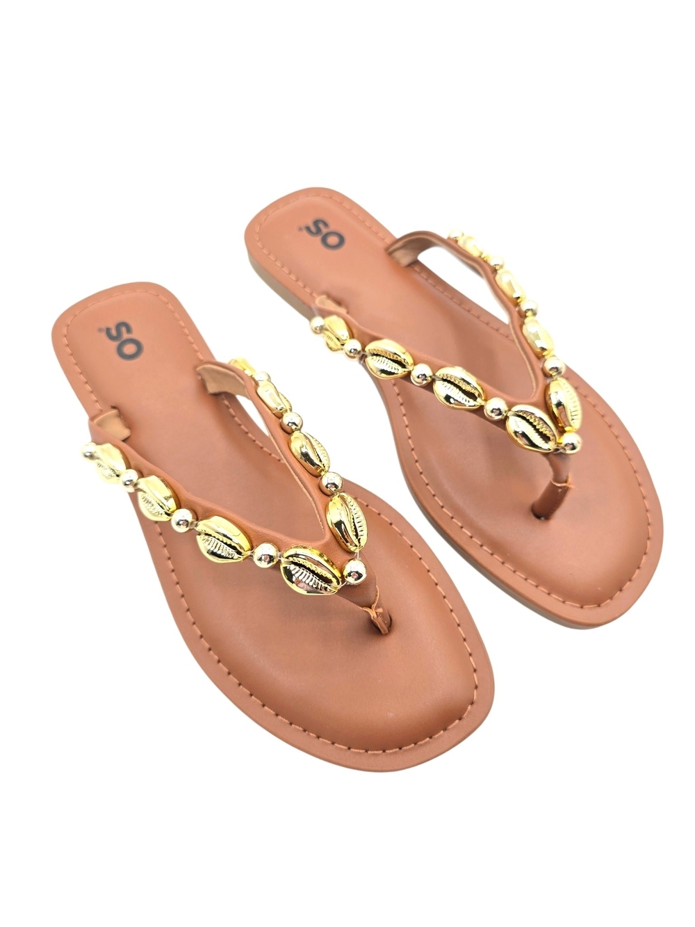 SO Tan Sandal Thongs with Gold Shell Embellishments Sz 6.5 NWT